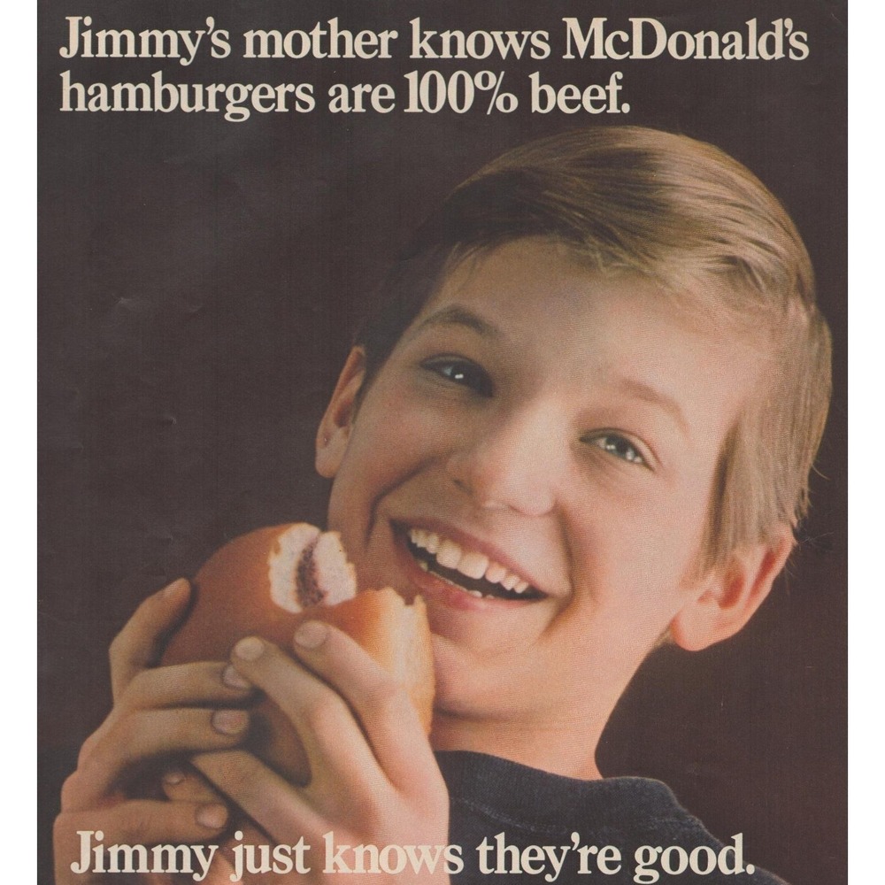 1969 McDonald's Vintage Print Ad 100% Beef Hamburgers  Jimmy‎ Dining Decor